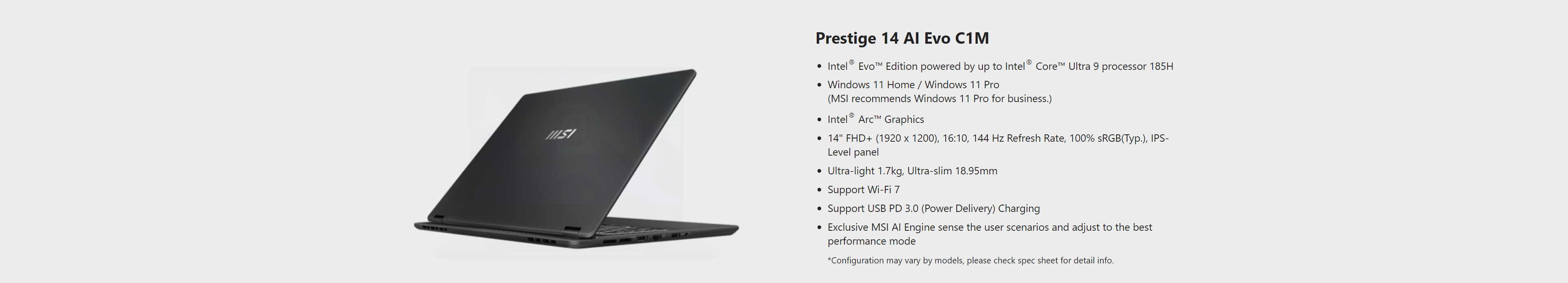 A large marketing image providing additional information about the product MSI Prestige 14 AI Evo (C1M) - 14" 144Hz, Core Ultra 7, 16GB/512GB - Win 11 Notebook - Additional alt info not provided
